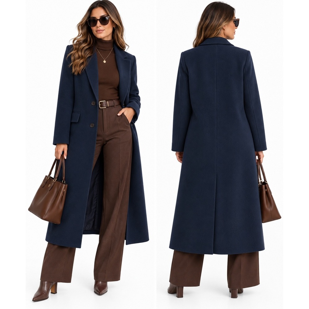 A New Day Navy Faux Wool Topcoat Longline Notched Lapel Coat Small NWT